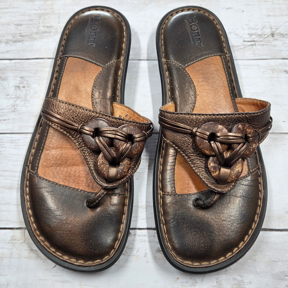 Born W21221 Thong Sandals Women Size 8M Bronze Leather Boho Knotted Slide Shoes